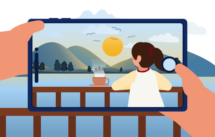 Clicking picture of a woman in landscape  Illustration