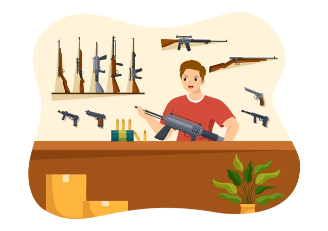 Client à la recherche d'une arme à feu dans un magasin d'armes  Illustration