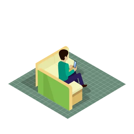 Client avec téléphone installé sur un canapé dans les locaux de la banque  Illustration