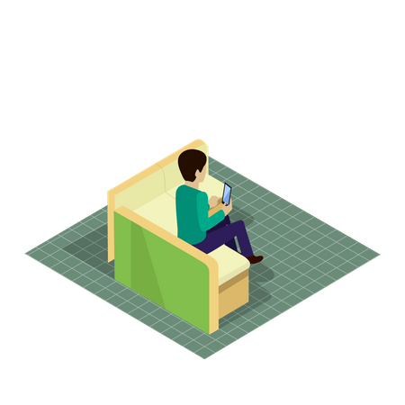 Client avec téléphone installé sur un canapé dans les locaux de la banque  Illustration