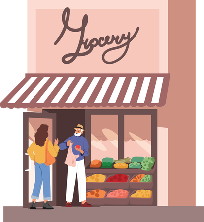 Client faisant ses courses dans une épicerie locale proposant des aliments naturels  Illustration