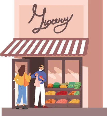 Client faisant ses courses dans une épicerie locale proposant des aliments naturels  Illustration