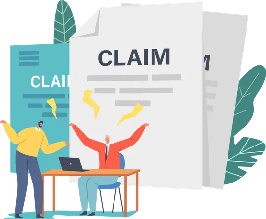 Client Fighting With Agent Claim Insurance For Accident Tiny Male Characters Arguing In Office Near Huge Paper Documents Insurer Interest And Rights Protection Cartoon People Vector Illustration Illustration