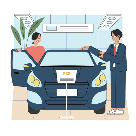 Client masculin essayant une nouvelle voiture au showroom  Illustration
