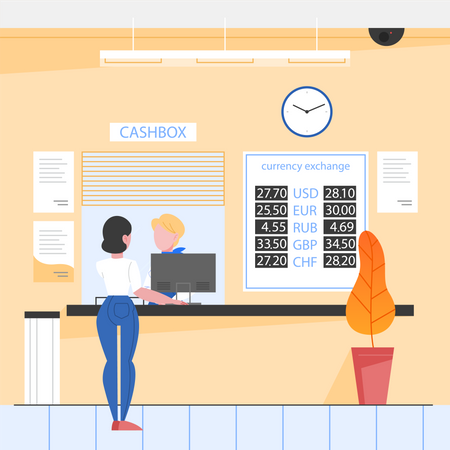 Client in the bank standing at the counter and making currency exchange  Illustration