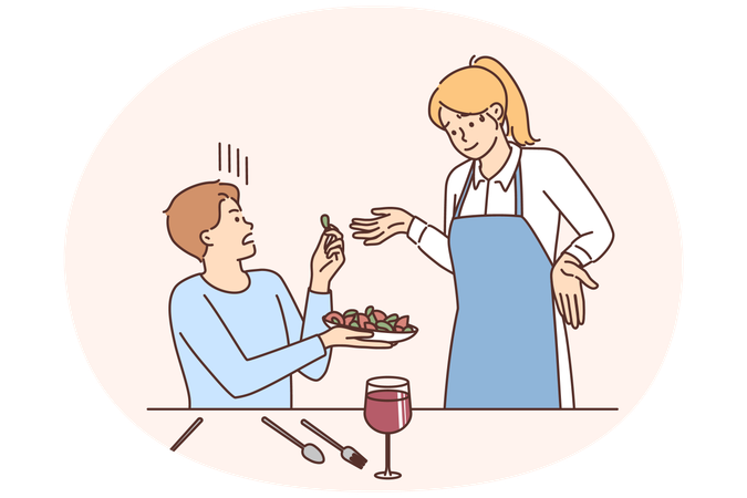 Un client insatisfait se plaint du plat à la serveuse  Illustration