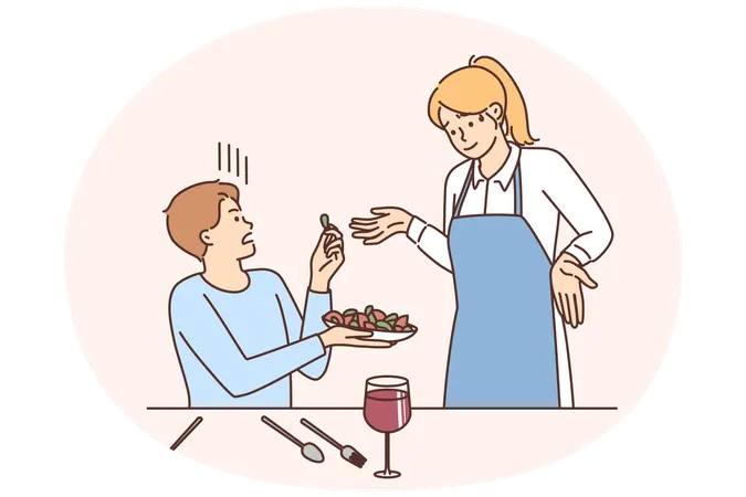 Un client insatisfait se plaint du plat à la serveuse  Illustration