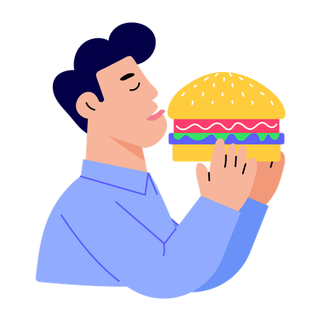 Un client mange un hamburger livré  Illustration