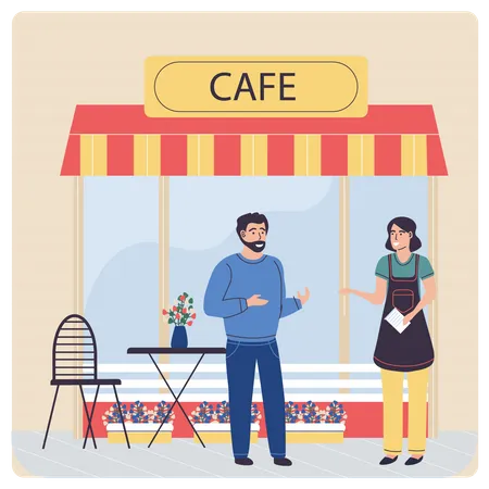 Client parlant à une serveuse au café  Illustration