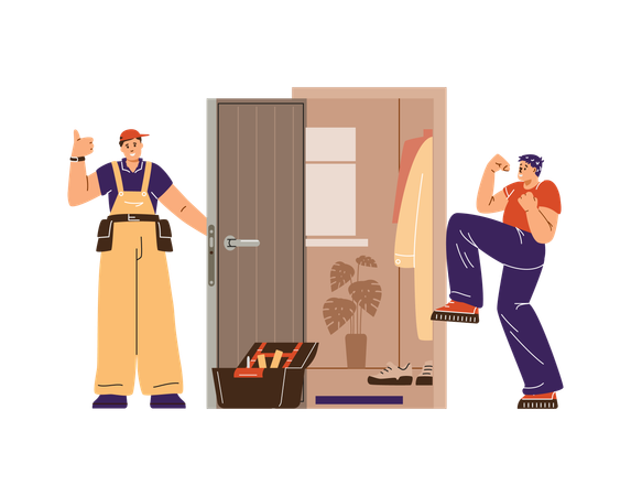 Client satisfait et serrurier installant serrure de porte  Illustration