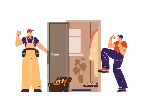 Client satisfait et serrurier installant serrure de porte  Illustration