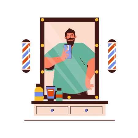 Client taking photo in mirror at barber shop  Illustration