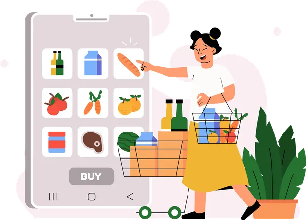 Client utilisant l'application mobile d'épicerie  Illustration