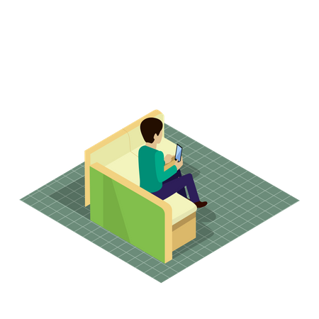 Client with phone siting on sofa in bank premises  Illustration