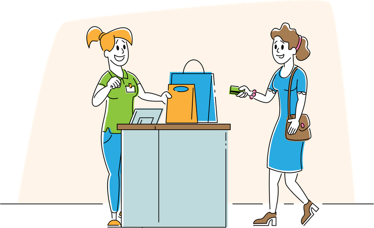 Cliente chica con productos en bolsas de papel parada en el mostrador de caja pagando compras con tarjetas de crédito  Ilustración