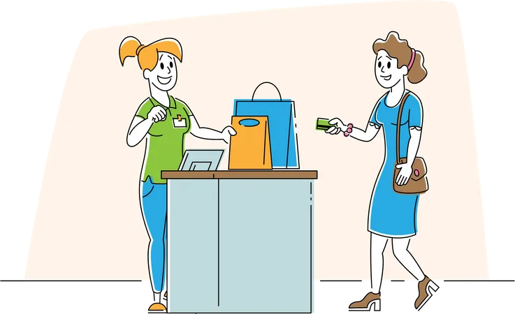 Cliente chica con productos en bolsas de papel parada en el mostrador de caja pagando compras con tarjetas de crédito  Ilustración