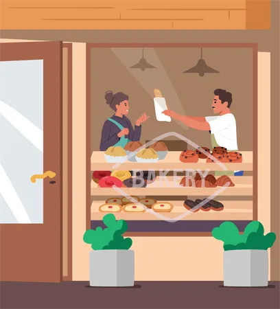 Cliente joven que visita una panadería para comprar pan fresco  Illustration