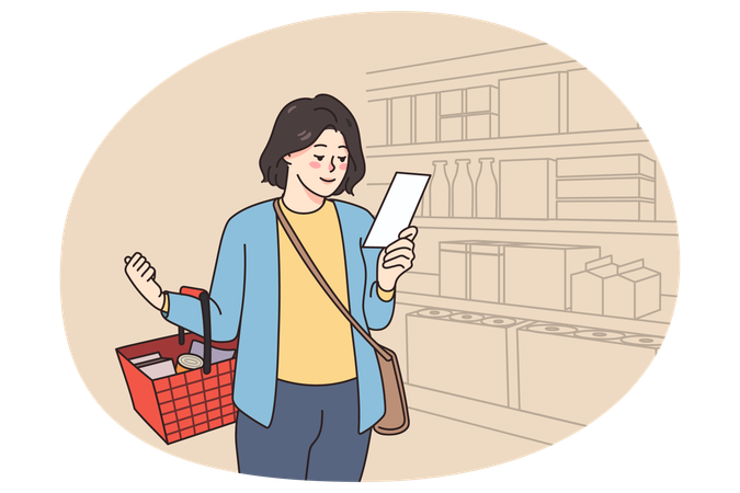 Une cliente achète des produits dans un supermarché  Illustration