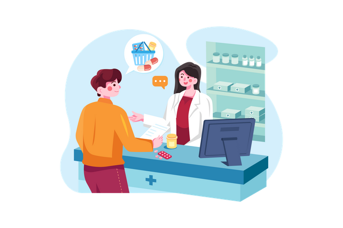 Cliente que compra medicamentos en la farmacia.  Ilustración