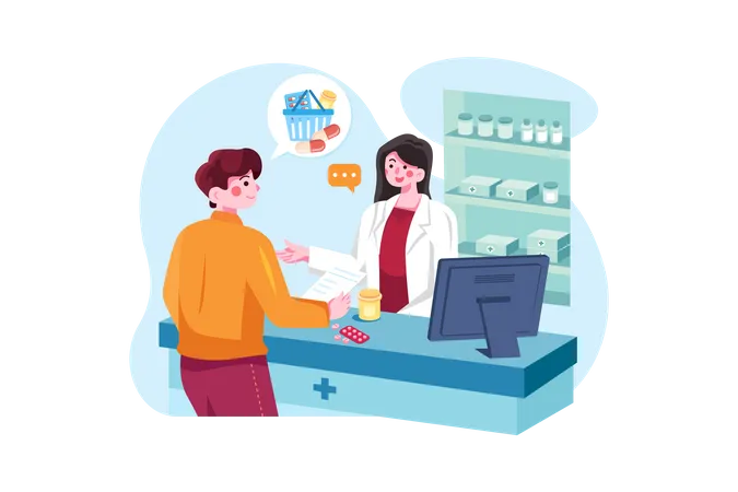 Cliente que compra medicamentos en la farmacia.  Ilustración