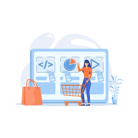 Cliente con carrito de compras comprando servicio digital en línea  Ilustración