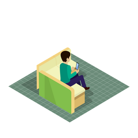 Cliente con teléfono sentado en un sofá en las instalaciones del banco  Ilustración