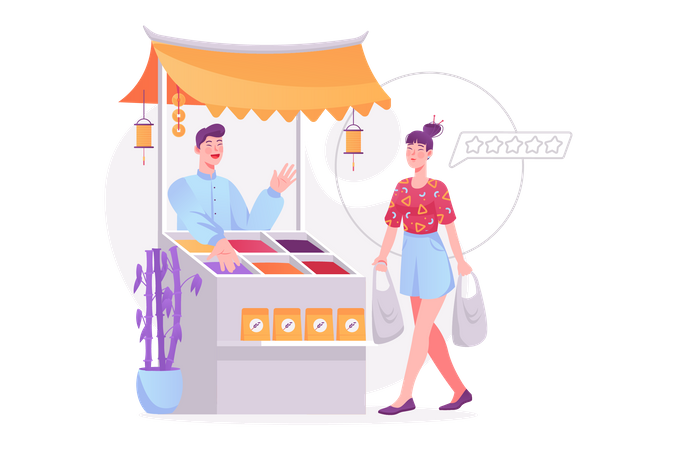 Cliente dando reseña al puesto de comida  Ilustración