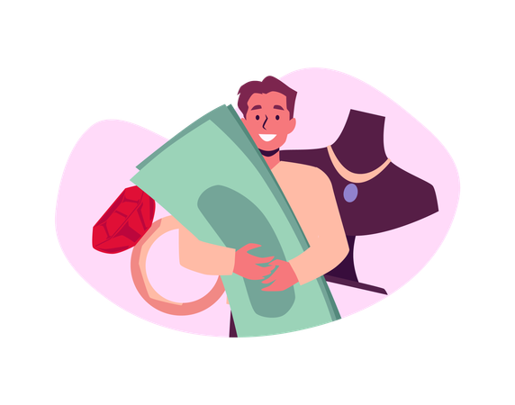 Cliente de casa de empeño con dinero y joyas  Ilustración