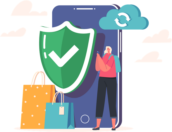 Une cliente se tient devant un énorme smartphone avec Shield et Cloud pour un paiement en ligne sans espèces en toute sécurité  Illustration