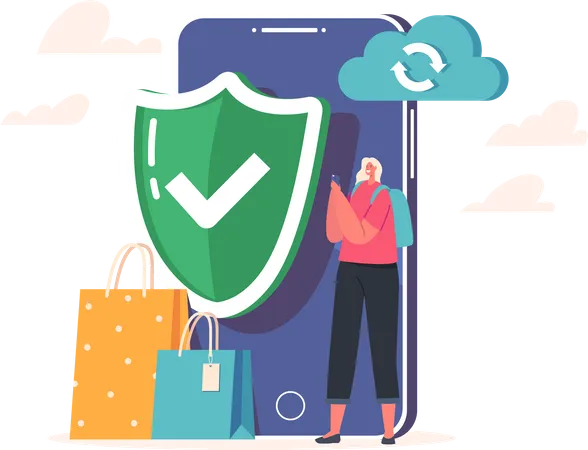 Une cliente se tient devant un énorme smartphone avec Shield et Cloud pour un paiement en ligne sans espèces en toute sécurité  Illustration