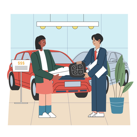 Cliente femenino recibiendo entrega de automóvil  Ilustración