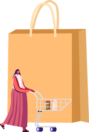 Cliente feminina com carrinho na mercearia ou supermercado  Ilustração