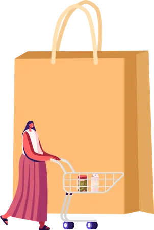 Cliente feminina com carrinho na mercearia ou supermercado  Ilustração