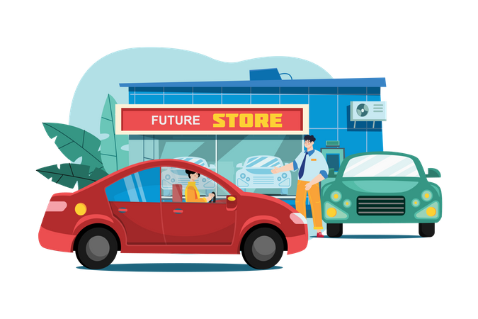 Cliente feminina fazendo teste de carro novo  Ilustração
