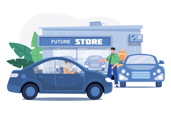 Cliente feminina fazendo teste de carro novo  Ilustração