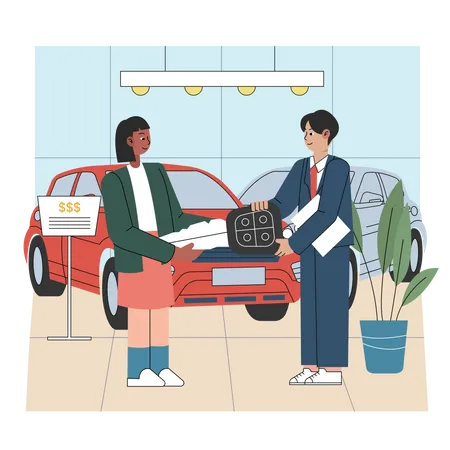 Cliente feminina recebendo entrega de carro  Ilustração