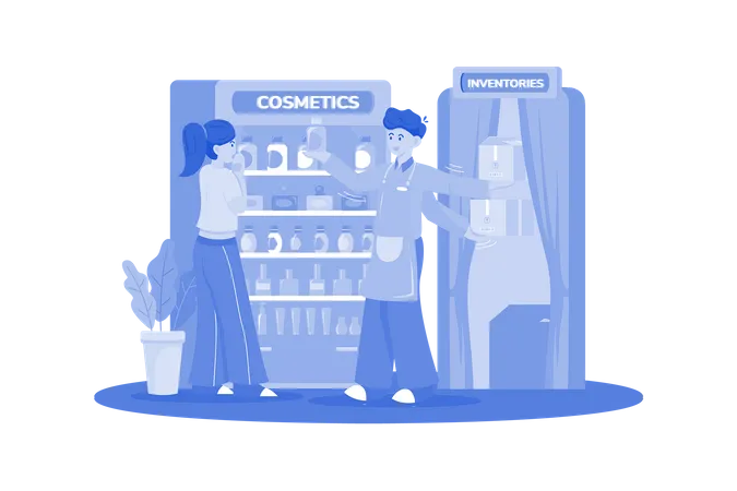 El cliente ha llegado a la tienda de cosméticos.  Ilustración