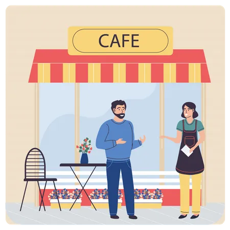 Cliente hablando con una camarera en una cafetería  Ilustración