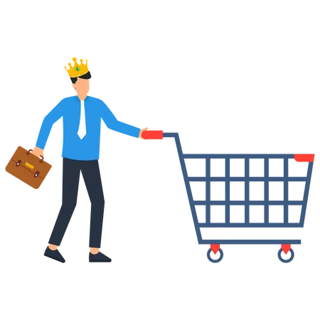 Cliente hombre feliz con una corona de rey corriendo con un carrito de compras listo para comprar un producto  Ilustración