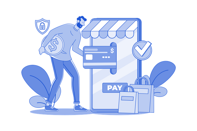 Cliente masculino pagar conta usando cartão de crédito  Ilustração