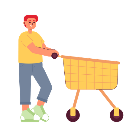 Cliente masculino feliz empujando carrito de compras  Ilustración