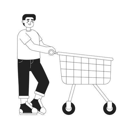 Cliente masculino feliz empujando carrito de compras  Ilustración