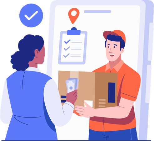 Cliente pagando dinheiro ao entregador enquanto recebe o pacote  Ilustração