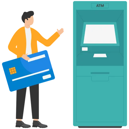 Cliente parado cerca de un cajero automático y sosteniendo una tarjeta de crédito  Illustration