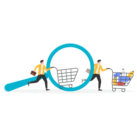 Cliente que busca en línea y compra un producto en un sitio web de compras  Ilustración