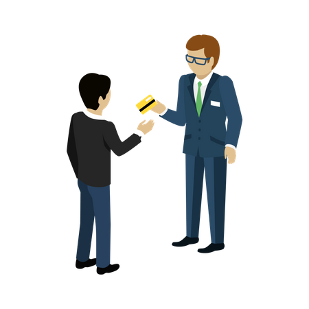 El cliente recibió la tarjeta de crédito del empleado del banco.  Ilustración