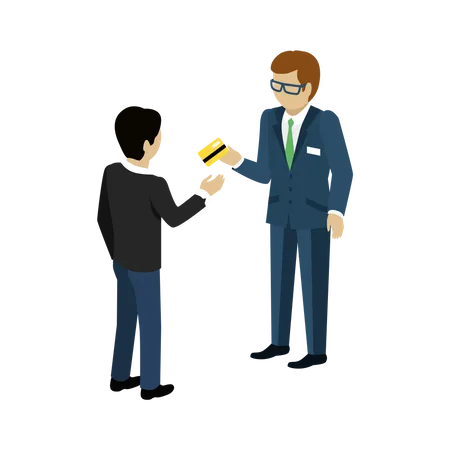 El cliente recibió la tarjeta de crédito del empleado del banco.  Ilustración