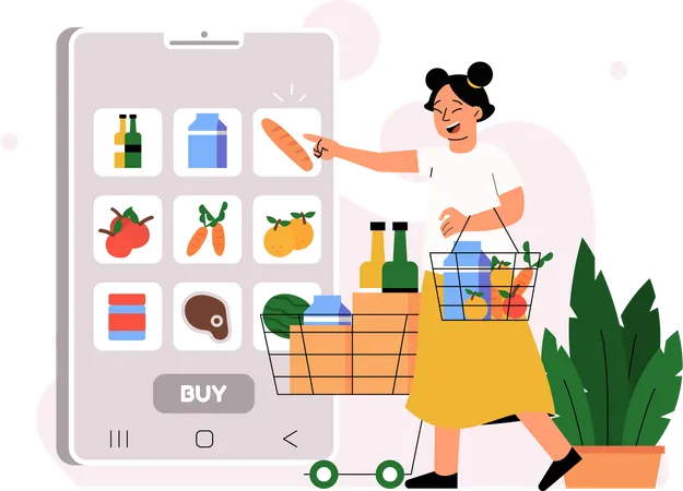 Cliente usando aplicativo móvel de supermercado  Ilustração