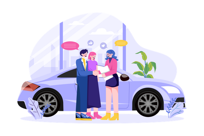 Clientes felizes casal apertando a mão com um gerente em um salão de automóveis  Ilustração
