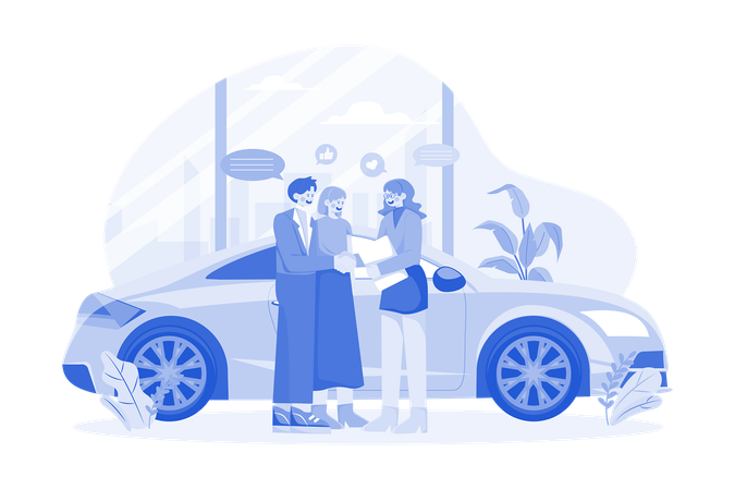 Clientes felizes casal apertando a mão com um gerente em um salão de automóveis  Ilustração